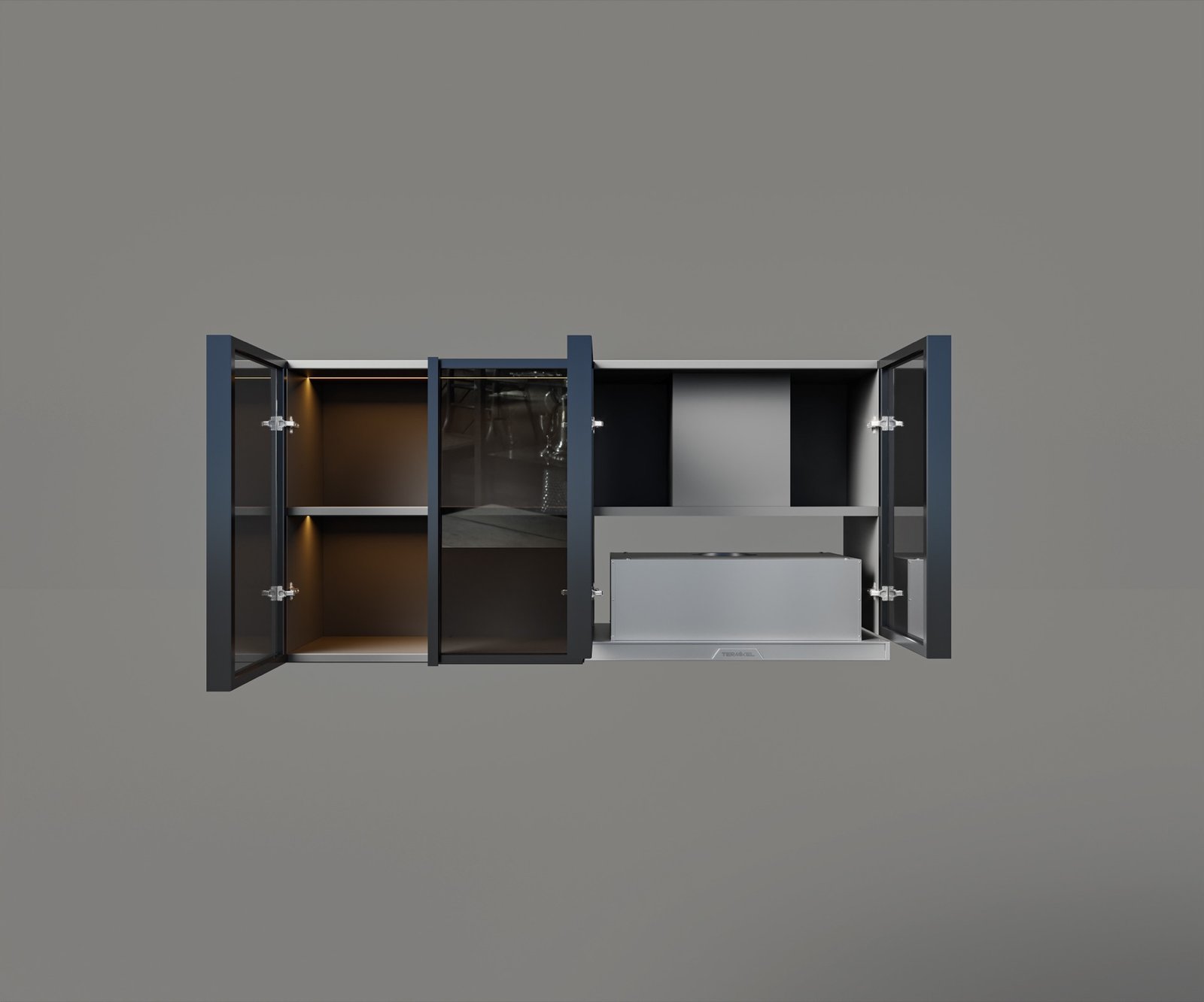Tiered shelving,fully lit.