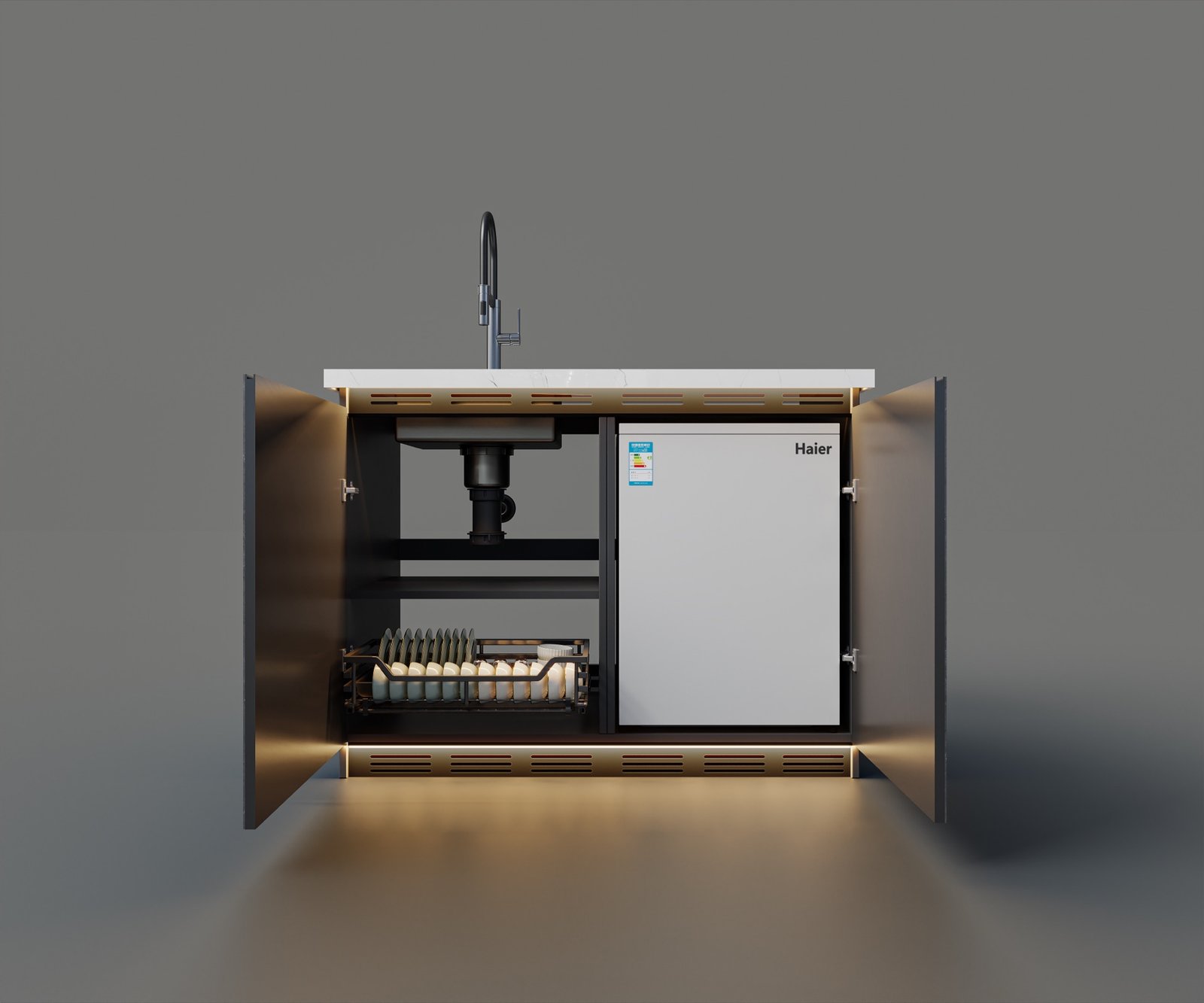 Integrated fridge,concealed storage.